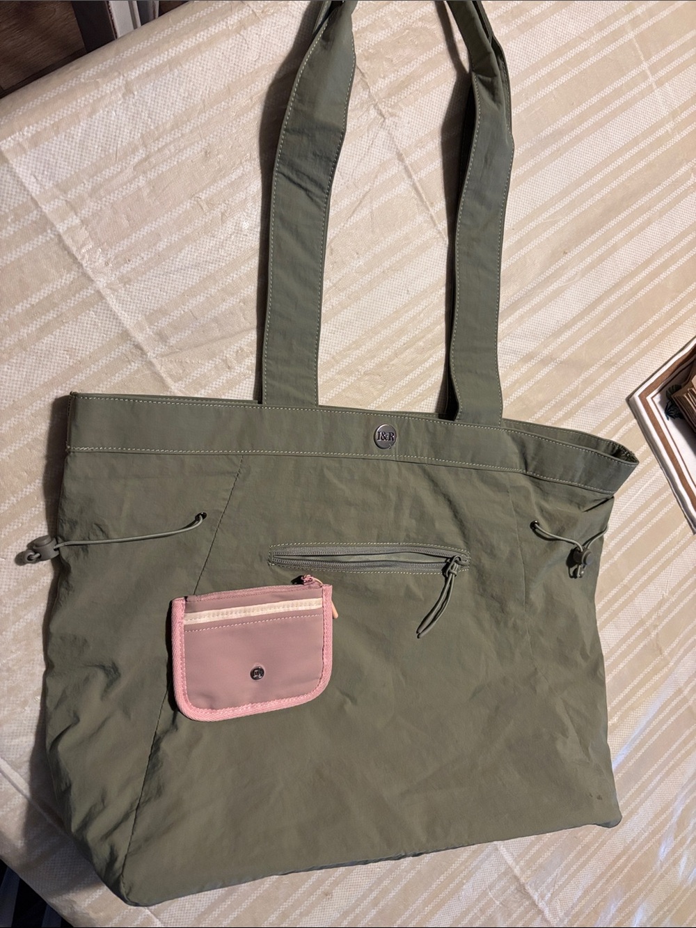 Iris and rainbow Olive Green Tote Bag with Pink wallet